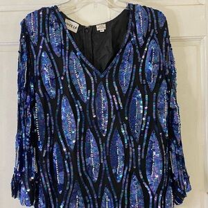Sequin V-Neck Top - Blue and Black